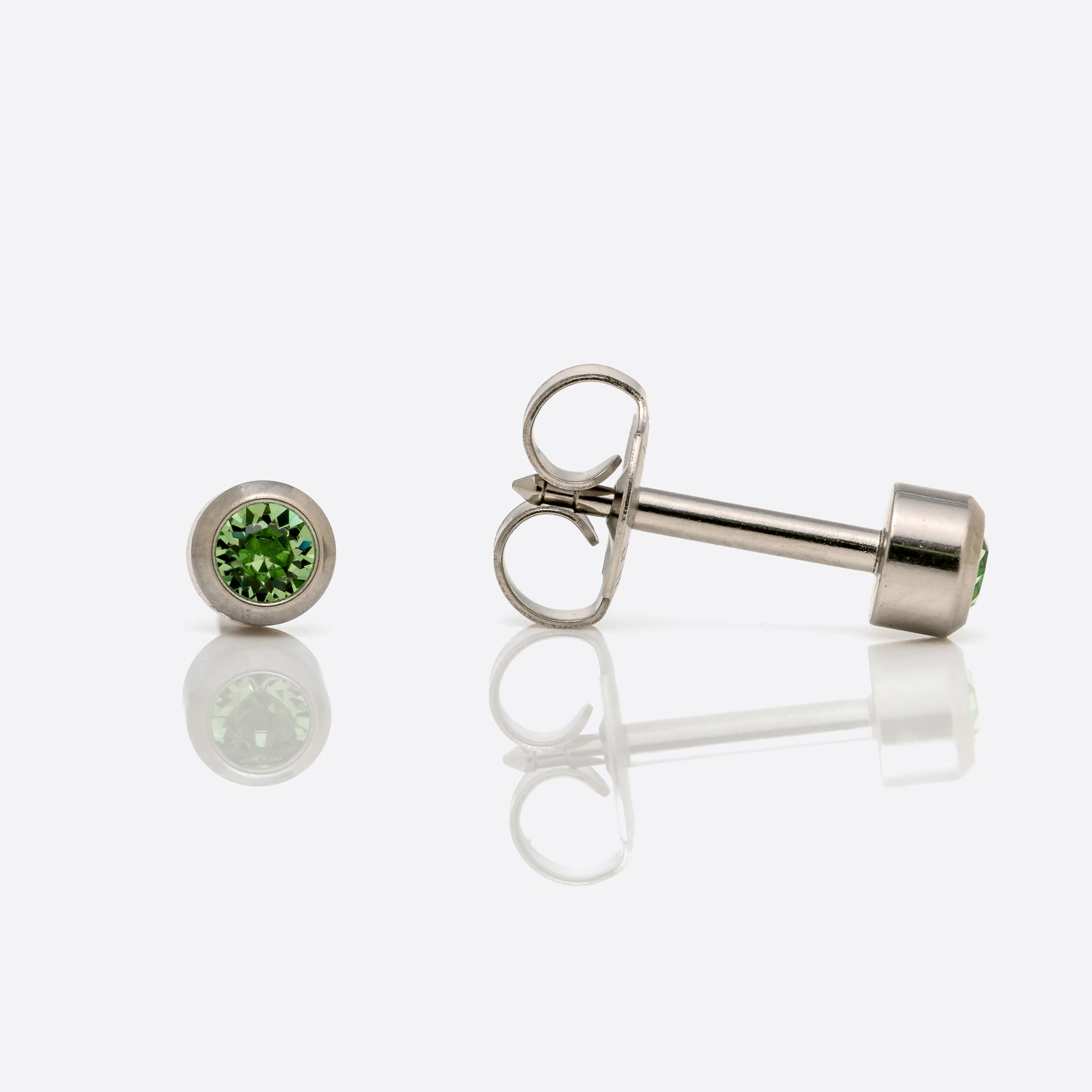 Bezel Set Birthstone Universal Flatpack Piercing Studs - Stainless Steel - August Peridot Crystal - Regular Adaptor
