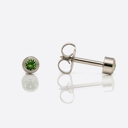 Bezel Set Birthstone Universal Flatpack Piercing Studs - Stainless Steel - August Peridot Crystal - Regular Adaptor