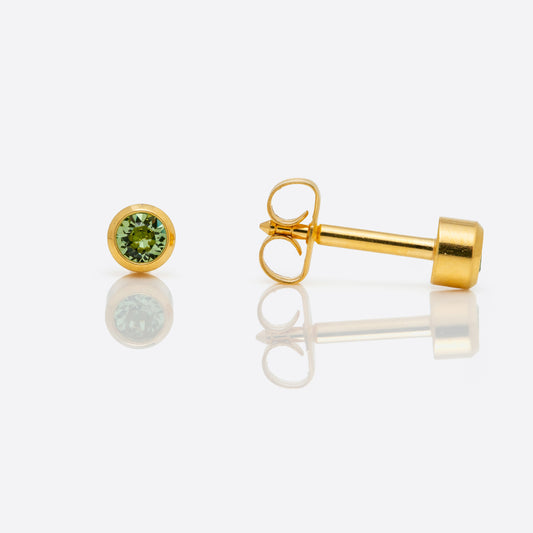 Bezel Set Birthstone Universal Flatpack Piercing Studs - Gold Plated - August Peridot Crystal - Regular Adaptor