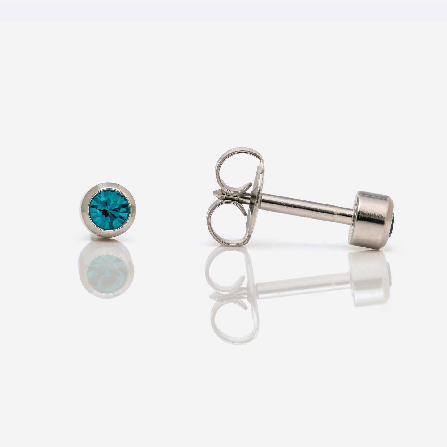 Bezel Set Birthstone Universal Flatpack Piercing Studs - Stainless Steel - December Blue Zircon Crystal - Regular Adaptor