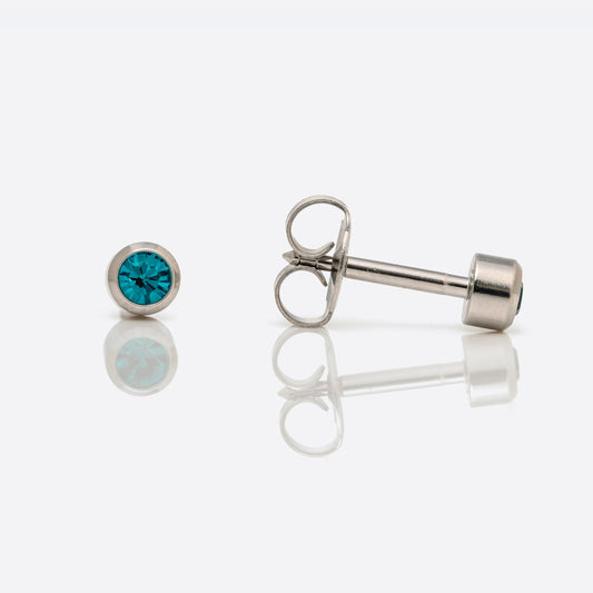 Bezel Set Birthstone Universal Flatpack Piercing Studs - Stainless Steel - December Blue Zircon Crystal - Regular Adaptor
