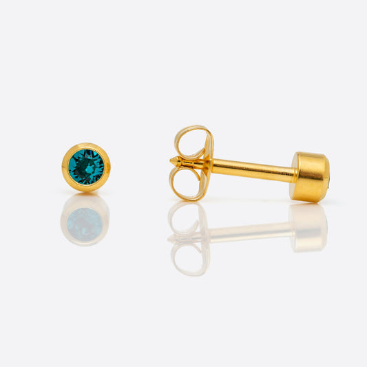 Bezel Set Birthstone Universal Flatpack Piercing Studs - Gold Plated - December Blue Zircon Crystal - Regular Adaptor