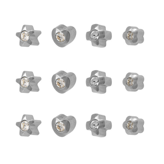 Shapelite Crystal Universal Flatpack Piercing Studs (Assorted Dozen) - Stainless Steel - Regular Adaptor