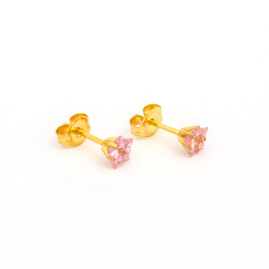 Sensitive Puff Pad Fashion - 5mm - Pink Star Prong-Set Cubic Zirconia - Gold Plated