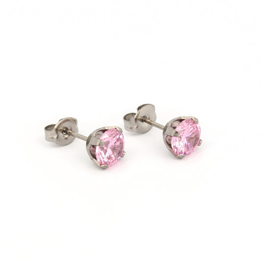 Sensitive Puff Pad Fashion - 6mm - Pink Prong-Set Cubic Zirconia - Stainless Steel