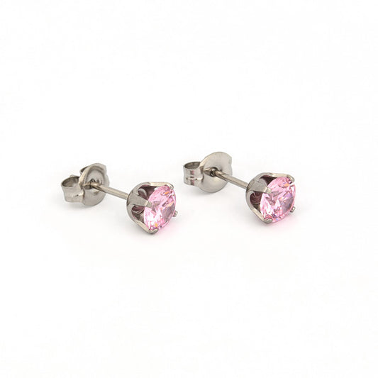 Sensitive Puff Pad Fashion - 5mm - Pink Prong-Set Cubic Zirconia - Stainless Steel