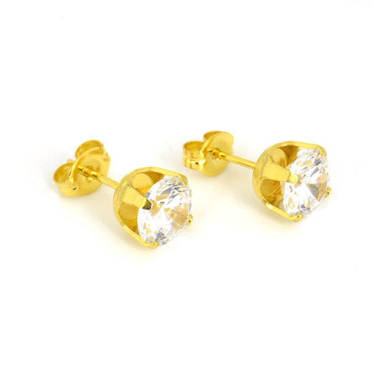 Sensitive Puff Pad Fashion - 7mm - Prong-Set Cubic Zirconia - Gold Plated