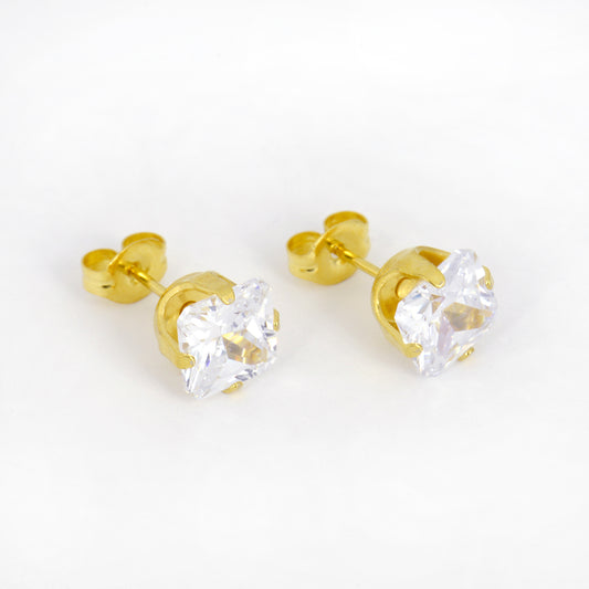 Sensitive Puff Pad Fashion - 7X7mm - Princess Cut Prong-Set Cubic Zirconia - Gold Plated