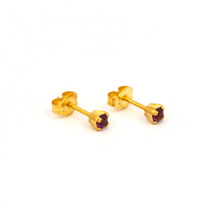 Tiny Tips Prong Set Crystal Studs - February Amethyst - 3mm - Gold Plated