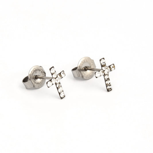 Tiny Tips Cross Crystal Studs - Apr Crystal - Stainless Steel