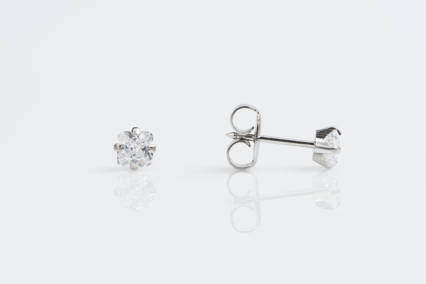 System 75™ Prong Set Princess Cut Piercing Studs - 4x4 - Cubic Zirconia - Stainless Steel