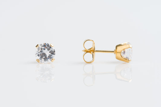 System 75™ Prong Set Cubic Zirconia Piercing Studs - 6mm - Regular Post - Gold Plated